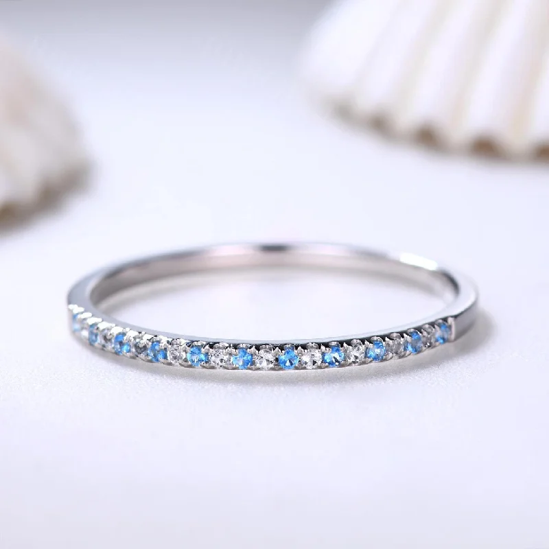 diamond engagement rings for women -Blue Topaz and Diamond Wedding Rings 14k White Gold Thin Pave Half Eternity Band Anniversary Ring