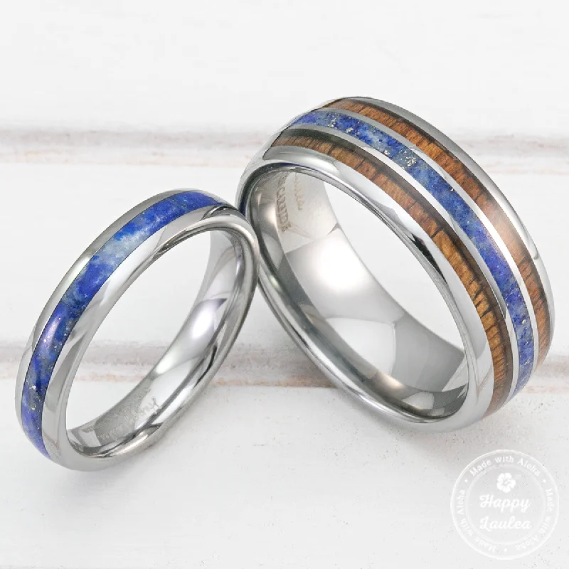 women’s wedding engagement ring bands -Pair of 4&8mm Assorted Tungsten Carbide Couple/Wedding Rings with Lapis Lazuli and Koa Wood Inlay - Dome Shape, Comfort Fitment