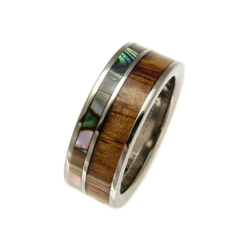 women’s gemstone stacking rings -Mens Titanium Wedding Band Genuine Inlay Hawaiian Koa Wood Abalone Ring - 8mm