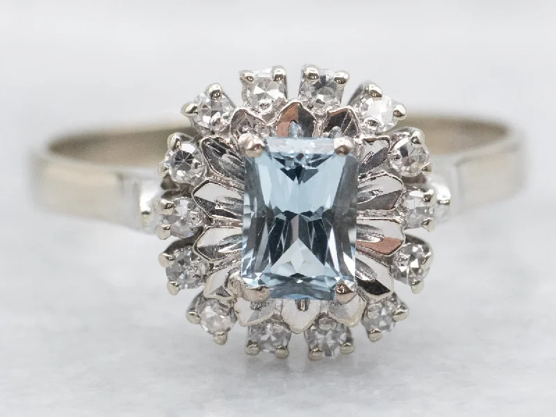 women’s bespoke engagement rings -White Gold Aquamarine and Halo Diamond Ring