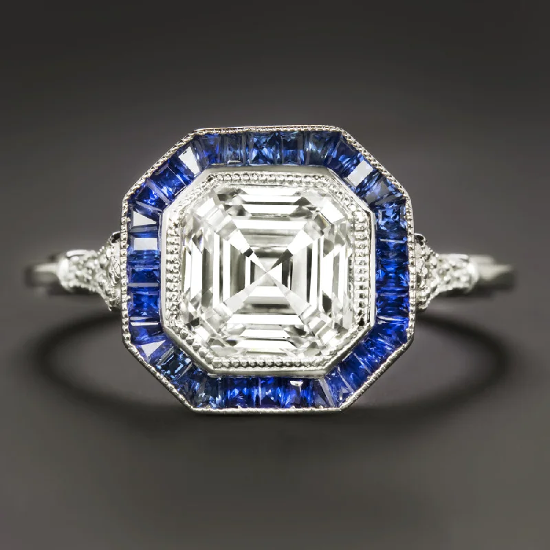 women’s elegant diamond rings -2ct LAB CREATED DIAMOND SAPPHIRE RING ASSCHER CUT VINTAGE STYLE 14k WHITE GOLD