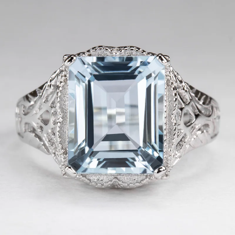 women’s rings -SKY BLUE TOPAZ STERLING SILVER VINTAGE STYLE RING ART DECO EMERALD CUT SOLITAIRE