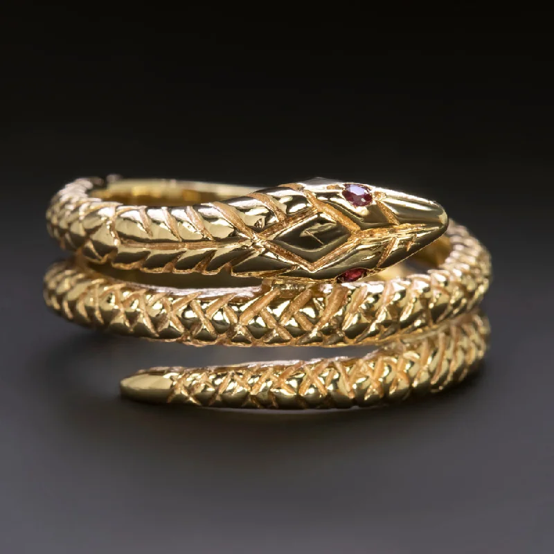 women’s elegant diamond rings -VINTAGE SNAKE RING RUBY EYES 14k YELLOW GOLD WRAP 9.8gm NATURAL BYPASS COCKTAIL