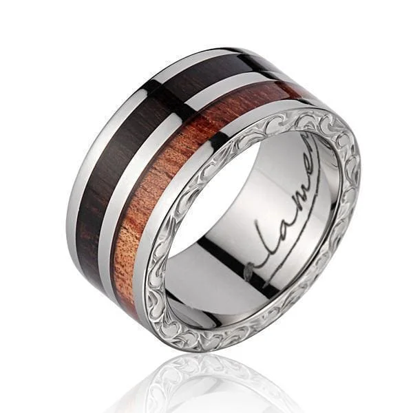 women’s diamond stackable rings -Mens Titanium Scroll Genuine Macassar Ebony Hawaiian Koa Wood Wedding Band - 10mm