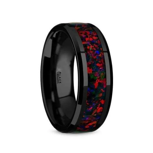 women’s gold engagement rings -Black Ceramic Wedding Ring With Black Opal Inlay Beveled Polished Finish - 8mm