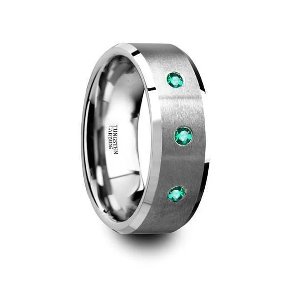 women’s luxurious diamond wedding rings -Green Emerald Silver Tungsten Wedding Ring Brushed Beveled Edges w/ 3 Emeralds - 8mm