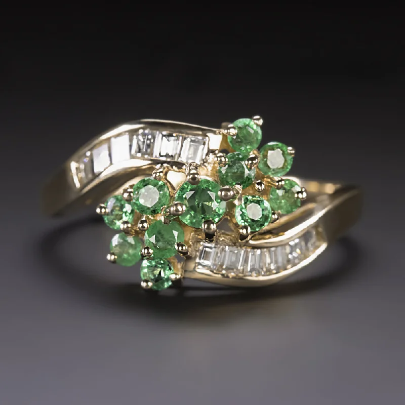 women’s gold promise rings -1ct EMERALD DIAMOND COCKTAIL RING VINTAGE CLUSTER BYPASS 14k YELLOW GOLD NATURAL