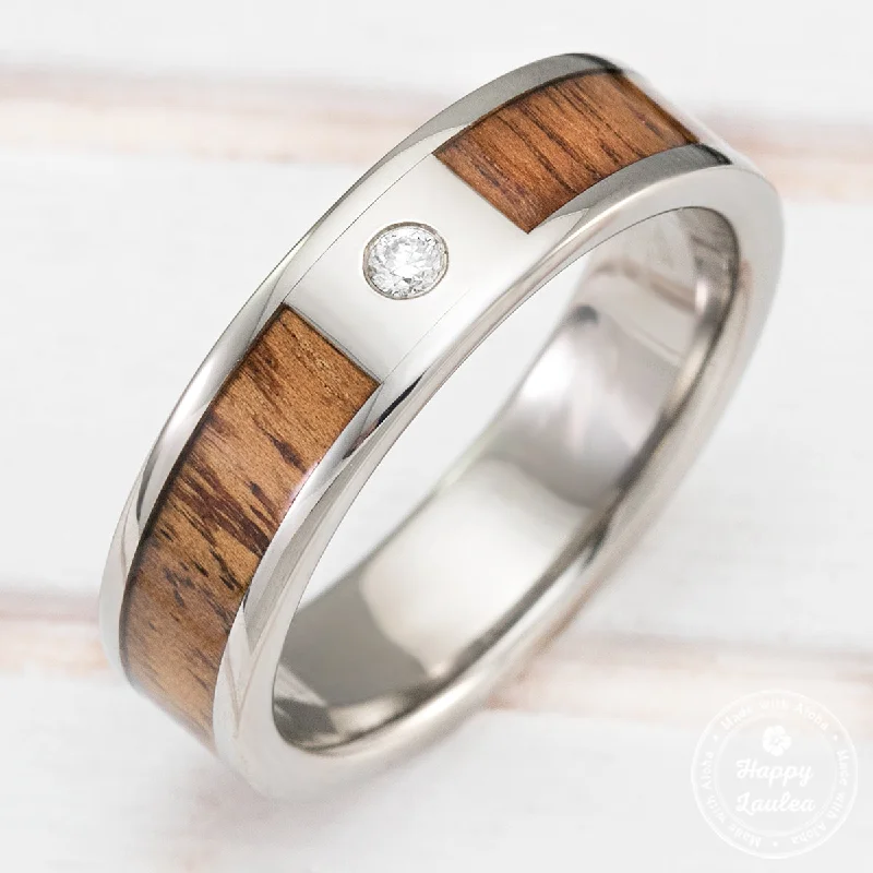 custom engagement rings for women -Titanium Diamond Ring with Hawaiian Koa Wood Inlay [6mm width] Flat Shape, Standard Fitment