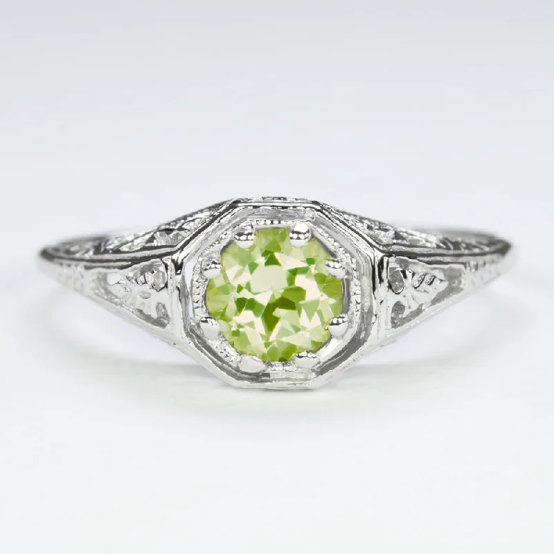 engagement rings for women -PERIDOT STERLING SILVER RING VINTAGE STYLE ROUND GEMSTONE FILIGREE SOLITAIRE