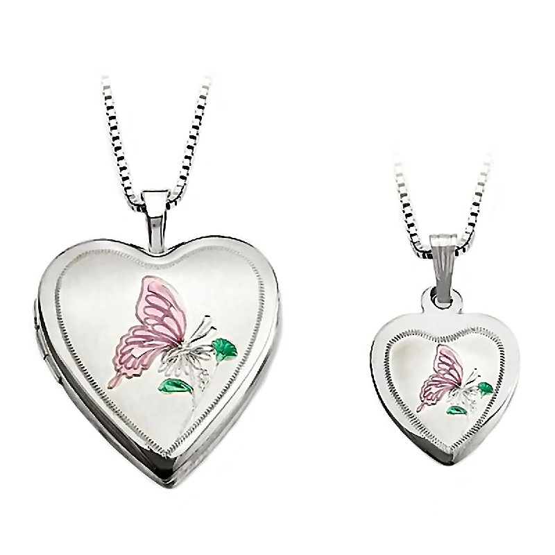 women’s diamond chain necklaces -Satin Butterfly Just Like Mommy 925 Silver Locket and Pendant Necklace Set