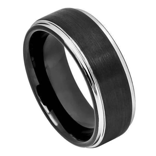 women’s large gemstone rings -Two-tone Black IP Tungsten Ring With Brushed Center & Steel Color Stepped Edge - 8mm