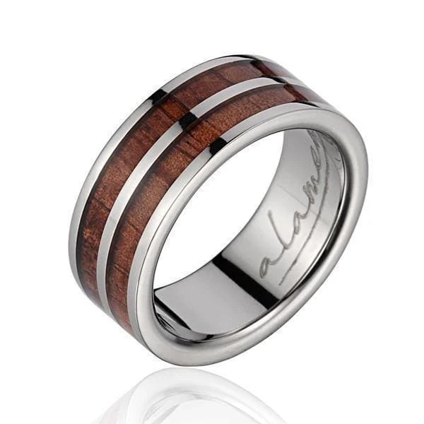 silver eternity bands for women -Mens Titanium Wedding Band Genuine Inlay Hawaiian Koa Wood Ring - 8mm