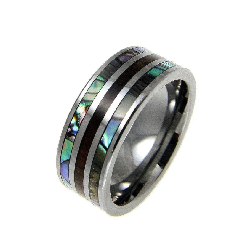 women’s vintage wedding rings -Mens Tungsten Band Ring Genuine Inlay Hawaiian Koa Wood Abalone Shell Comfort Fit - 8mm