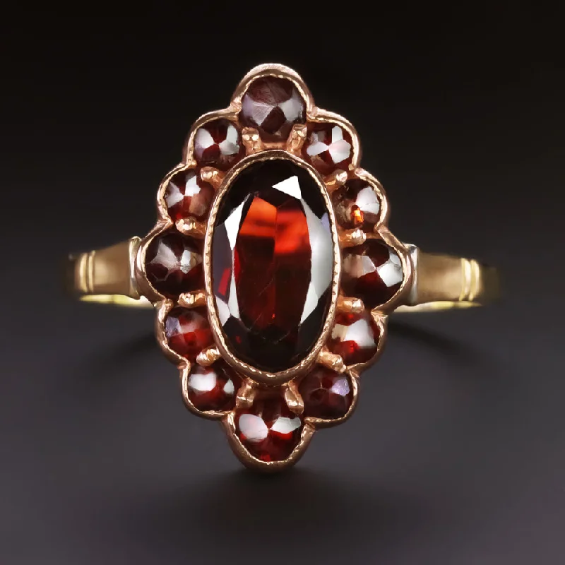 women’s unique engagement rings -VINTAGE GARNET 14k YELLOW GOLD COCKTAIL RING NAVETTE SCALLOPED HALO OVAL RED