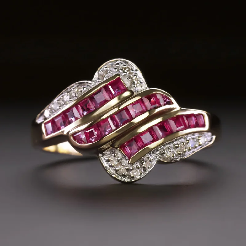 women’s rings -VINTAGE RUBY DIAMOND COCKTAIL RING 14k YELLOW GOLD NATURAL RETRO ESTATE CHUNKY