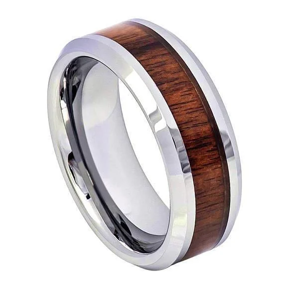 fashion rings for women -Mens Tungsten Wedding Ring Silver High Polish Koa Wood Inlaid Center - 8mm