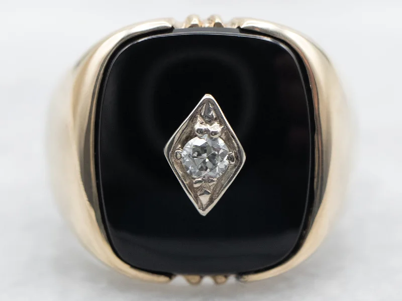 women’s antique engagement rings -Black Onyx and European Cut Diamond Ring