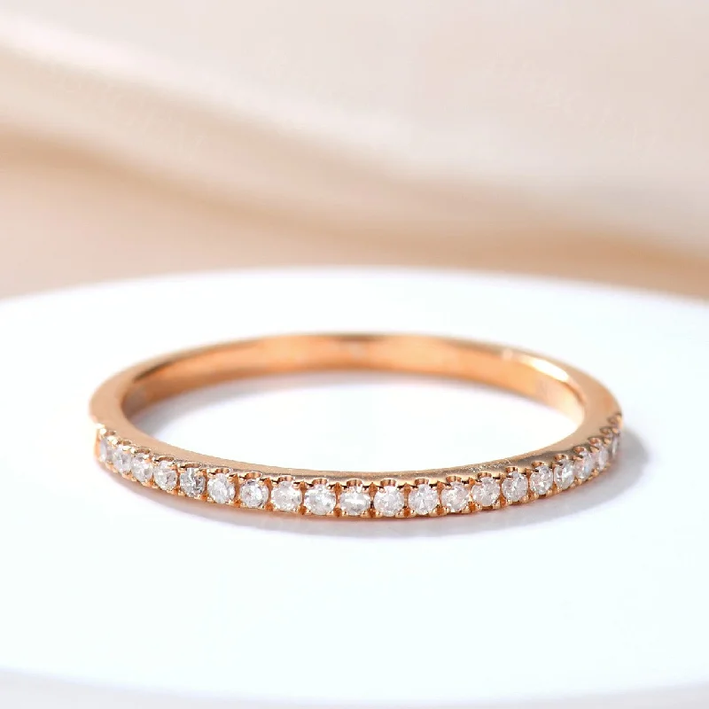 women’s eternity engagement rings -Diamond Wedding Rings For Her 14k Rose Gold Thin Pave 1/2 Half Eternity Band Stacked Ring