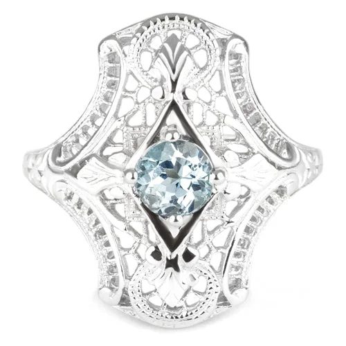 women’s luxury wedding rings -AQUAMARINE STERLING SILVER VINTAGE STYLE COCKTAIL RING ART DECO FILIGREE NAVETTE