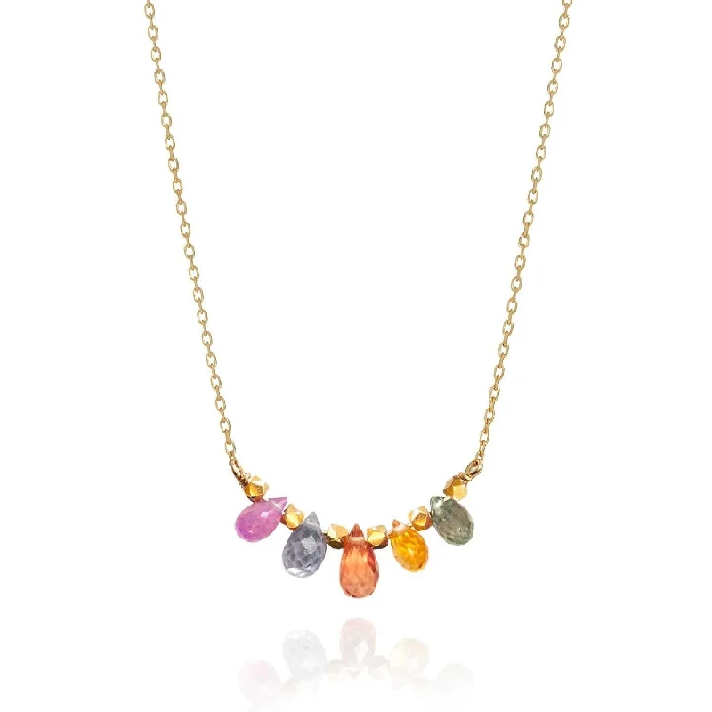 women’s oval stone necklaces -Briolette Bar Necklace 18k gold Multicolour Sapphire