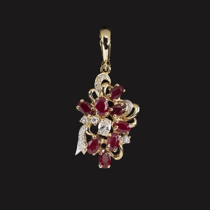 wedding rings for women -VINTAGE NATURAL RUBY DIAMOND PENDANT 14k YELLOW GOLD CLUSTER ESTATE NECKLACE