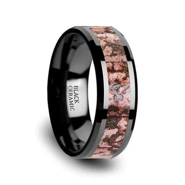 women’s personalized rings -Black Ceramic Wedding Ring Pink Dinosaur Bone Inlay Beveled Polished Finish - 4mm & 8mm