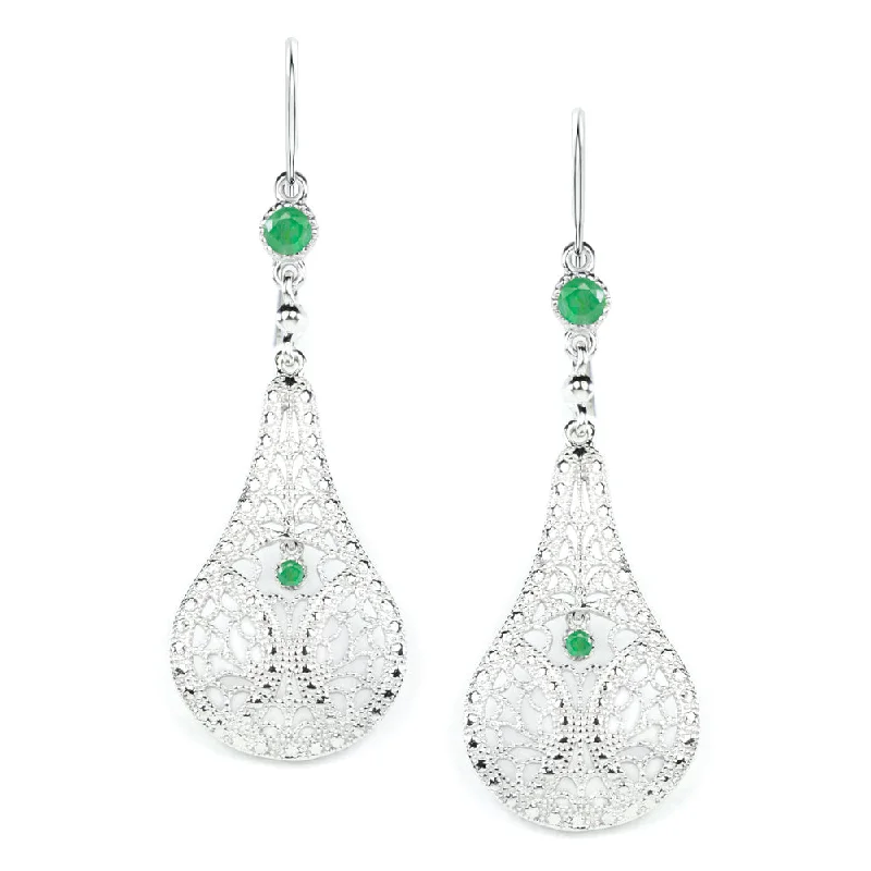 women’s birthstone gemstone rings -EMERALD FILIGREE EARRINGS STERLING SILVER DANGLE TEARDROP VINTAGE STYLE GREEN