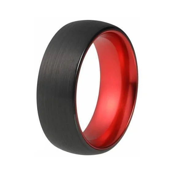 luxury rings for women -Achilleus Mens Black Tungsten Wedding Ring Fire Red Inside & Brushed Finish 4mm - 10mm