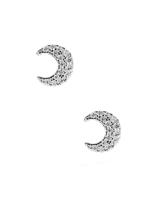 trendy earrings for women -Silver CZ Moon Studs