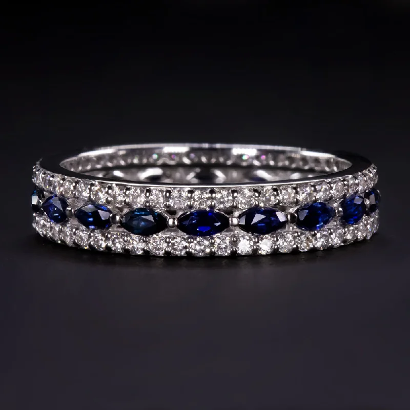 women’s custom rings with initials -NATURAL SAPPHIRE DIAMOND WEDDING BAND ETERNITY RING 3 ROW MARQUISE WHITE GOLD