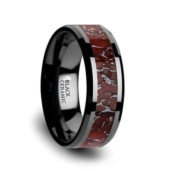 women’s multi-stone rings -Black Ceramic Wedding Ring Red Dinosaur Bone Inlay Beveled Polished Finish 4mm & 8mm