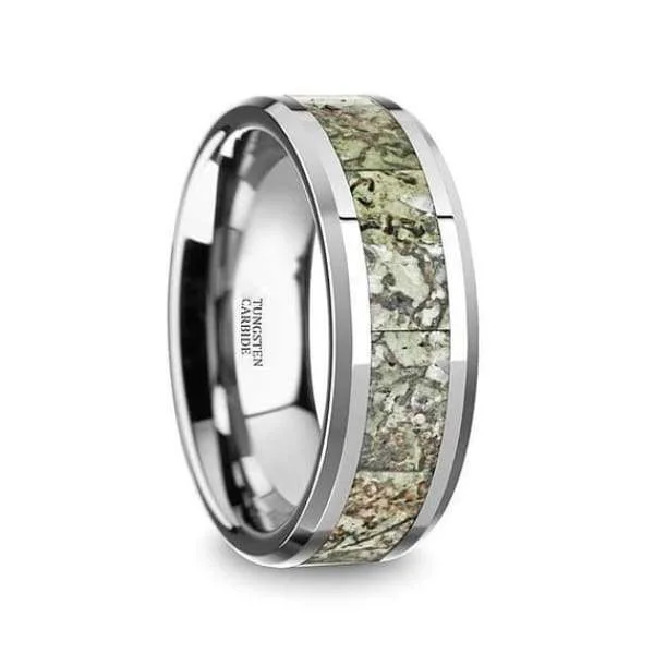 women’s modern rings -Tungsten Wedding Ring Light Green Dinosaur Bone Inlay Beveled Polished Finish - 8mm