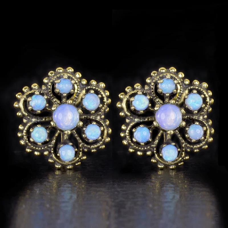 women’s designer gold rings -VINTAGE OPAL STUD EARRINGS 14k YELLOW GOLD HANDMADE FLOWER VICTORIAN BLUE ESTATE