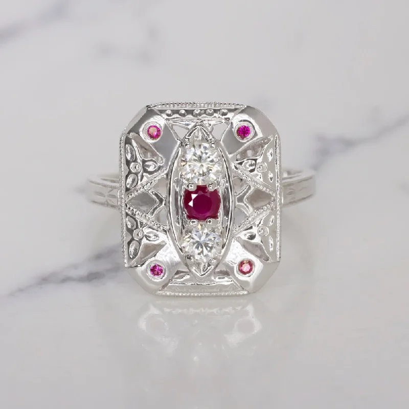 women’s infinity wedding bands -VINTAGE STYLE RUBY DIAMOND COCKTAIL RING ART DECO STYLE 14K WHITE GOLD NATURAL