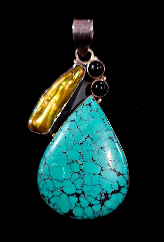 women’s simple necklaces -Stirling Silver Turquoise Biwa Pearl And Onyx Pendant