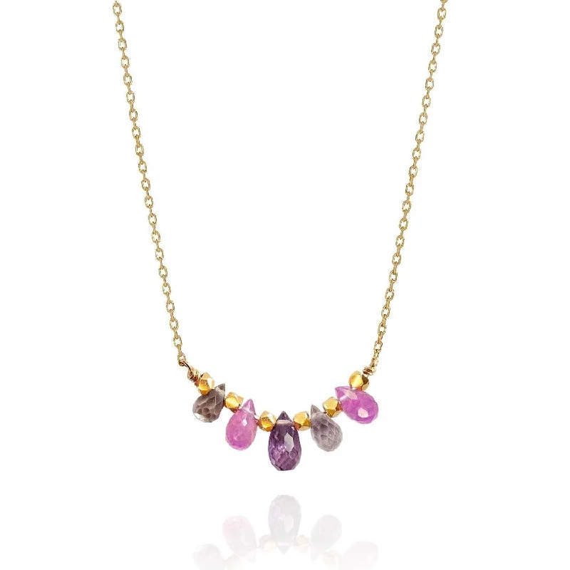 women’s vintage gemstone necklaces -Briolette Bar Necklace 18k Gold Pink Purple Sapphire