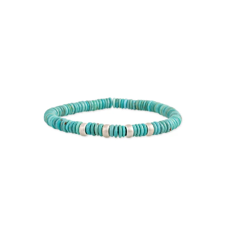 luxury cuff bangles for women -4 SPACED OUT STERLING SILVER BEADS + TURQUOISE BEADED STRETCH BRACELET