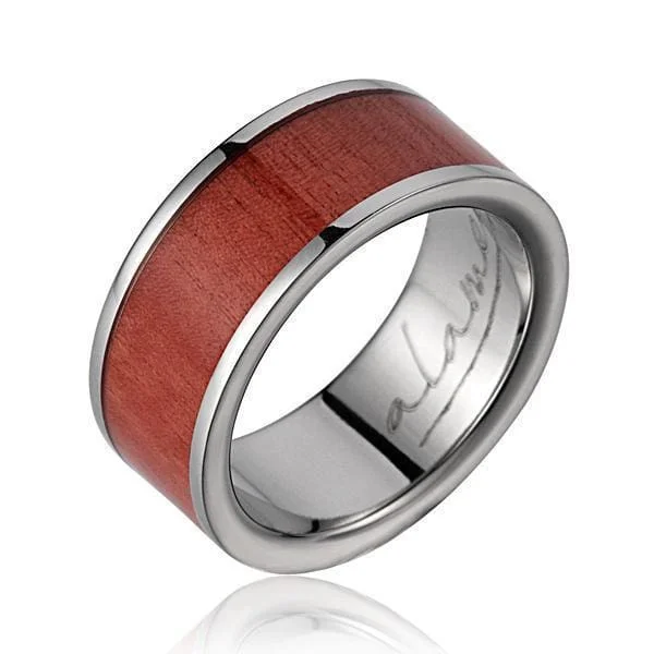 women’s stacked gemstone rings -ARES Pink Wood Wedding Band Titanium Genuine Inlay - 8mm