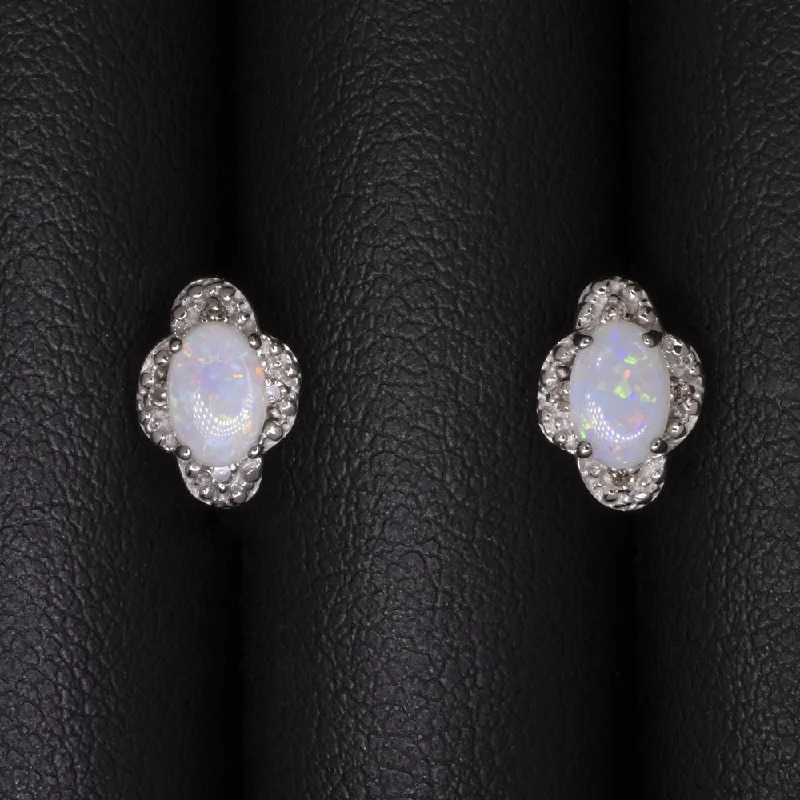 women’s trendy rings -VINTAGE OPAL DIAMOND STUD EARRINGS 14k WHITE GOLD SCALLOPED HALO NATURAL OVAL