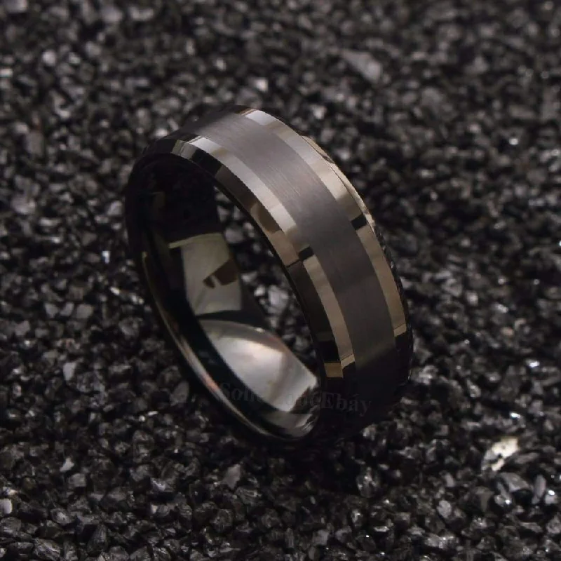 women’s antique rings -Men's Beveled Black Tungsten Wedding Band Brushed Center  - 8mm