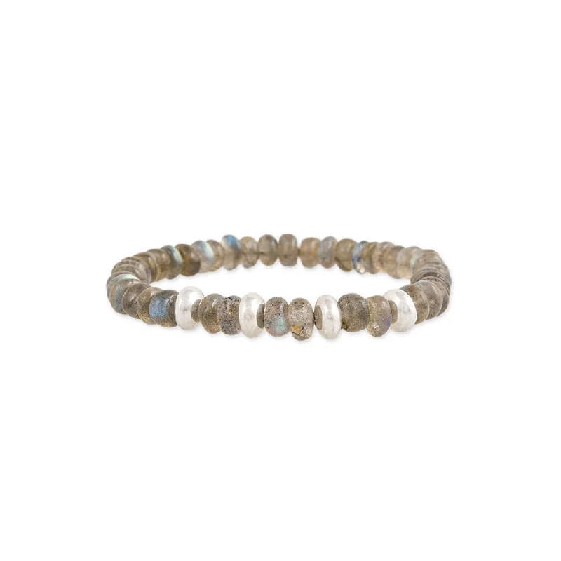 diamond bracelets for women -4 SPACED OUT STERLING SILVER BEADS + LABRADORITE BEADED STRETCH BRACELET