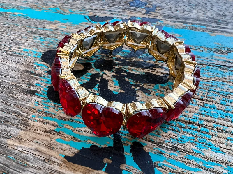 silver cuff bracelets for women -Red Crystal Hearts on Gold Bracelet