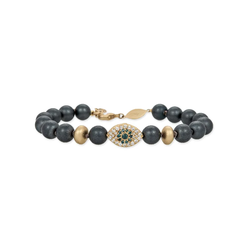 women’s tennis bracelets -PAVE EYE AND SCARAB BEAD + GOLD AND GREY HEMATITE BEADED STRETCH BRACELET