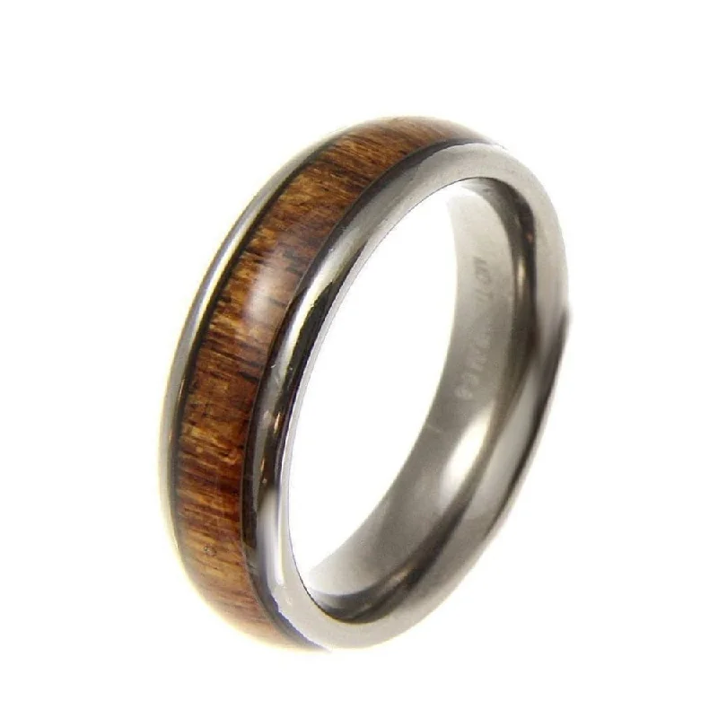 engagement rings for women -Titanium Band Ring Genuine Inlay Hawaiian Koa Wood Comfort Fit Dome Style - 6mm