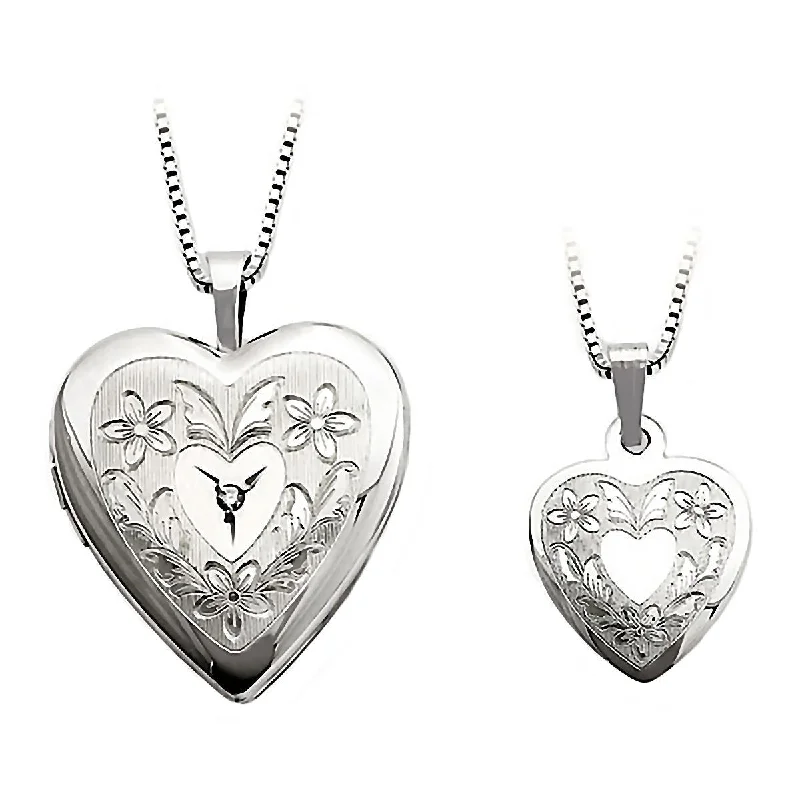 women’s long necklaces -Floral Just Like Mommy Genuine Diamond Silver Locket and Pendant Necklace Set