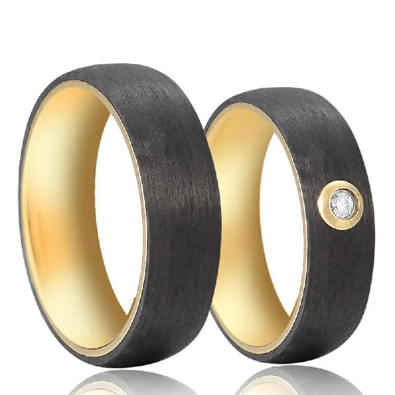 women’s sapphire engagement rings -6mm Gold & Black Carbon Fiber Couples Wedding Rings