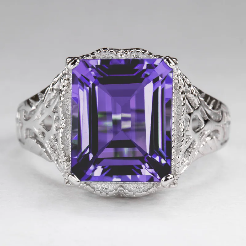 women’s gold engagement rings -AMETHYST STERLING SILVER VINTAGE STYLE RING ART DECO EMERALD CUT PURPLE FILIGREE