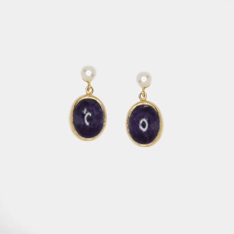 women’s designer rings -VINTAGE AMETHYST PEARL EARRINGS 14k YELLOW GOLD DROP DANGLE BEZEL NATURAL PURPLE