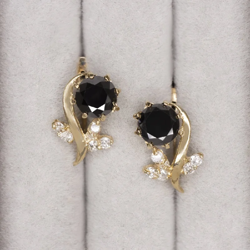 gemstone promise rings for women -1.70ct BLACK WHITE DIAMOND FLOWER EARRINGS 14k YELLOW GOLD VINTAGE ESTATE ROUND