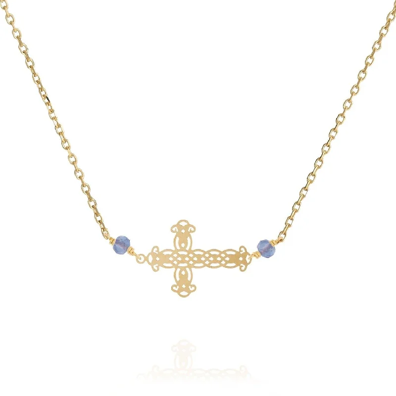 women’s thick necklaces -Lace Cross Necklace-18k Yellow Gold-Iolite